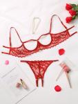 Lilosy Women's Sexy Underwire Floral Lace Sheer Bachelorette Lingerie Set See Through Bra and Panty 2 Piece Red Large