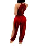 PORRCEY Sexy Jumpsuits for Women Halter Sleeveless Party Outfits Hight Split Velvet Pants Hollowing Out Romper (3737,Red,XXL)