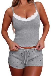 Ekouaer Women's Pajama Sets 2 Piece Sexy Lingerie Sleepwear with Pockets Lightweight Lace Cami Shorts Adjustable Straps Pjs