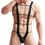 Wangxiaomi Men's Sexy Lingerie Bodysuit Stretch Harness Tie Up Underwear One Piece Clubwear Role Play Costume for Men (Black, One Size)
