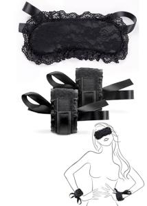 Lace Silk Eye Mask and Soft Black Handcuffs for Grownups Bedroom Set - Comfortable Sexy Blindfold, Romantic Night Accessories, Adjustable