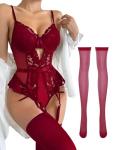 Lilosy Sexy Stocking Lace Mesh Bodysuit Top Underwire Garter Lingerie Set One 3 Piece Bows Push Up Floral Sheer Babydoll Women Teddy See Through Burgundy Red Medium