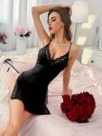PITINAN Sexy Night Gowns for Woman V Neck Black Lingerie Silk Nightgown for Women Cotton Soft Side Split Pajama Dress Sexy Pjs for Women Lingerie Black L