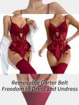 Lilosy Sexy Stocking Lace Mesh Bodysuit Top Underwire Garter Lingerie Set One 3 Piece Bows Push Up Floral Sheer Babydoll Women Teddy See Through Burgundy Red Medium