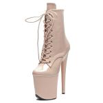 WUXIN H&P Women Pole Dance Ankle Boots Short Bootie 20CM Platform Fashion Stiletto High Heel Round Toe Sexy Lace-up Patent 8 Inch Dress Shoes, 7, Nude