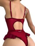 Lilosy Sexy Stocking Lace Mesh Bodysuit Top Underwire Garter Lingerie Set One 3 Piece Bows Push Up Floral Sheer Babydoll Women Teddy See Through Burgundy Red Medium