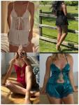 Kolagri Sexy Satin Pajama Set for Women Front Tie Lace Lingerie Sleepwear Cami Top and Shorts 2 Piece Nightwear