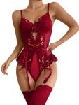 Lilosy Sexy Stocking Lace Mesh Bodysuit Top Underwire Garter Lingerie Set One 3 Piece Bows Push Up Floral Sheer Babydoll Women Teddy See Through Burgundy Red Medium