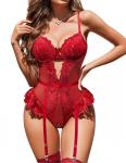 Avidlove Women's Lingerie Sexy Red Bodysuit Mesh Garter Belt Set Lace Teddy Lingerie Sets for Women Sexy(Burgundy,L)