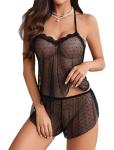 Avidlove Sexy Women Lace Pajamas Lingerie Set High Waist Sheer Sleepwear Cami Shorts Set 2 Piece Black X-Large
