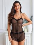 Avidlove Sexy Women Lace Pajamas Lingerie Set High Waist Sheer Sleepwear Cami Shorts Set 2 Piece Black X-Large