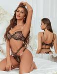 Avidlove Sexy Bra And Panty Set with Underwire Mesh Lingerie Set Leopard Splice Push Up Lingerie with Chain