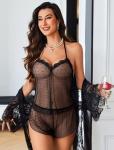 Avidlove Sexy Women Lace Pajamas Lingerie Set High Waist Sheer Sleepwear Cami Shorts Set 2 Piece Black X-Large