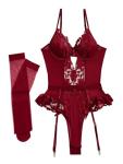 Lilosy Sexy Stocking Lace Mesh Bodysuit Top Underwire Garter Lingerie Set One 3 Piece Bows Push Up Floral Sheer Babydoll Women Teddy See Through Burgundy Red Medium