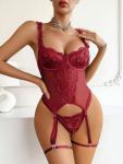 Avidlove Women Lingerie Lace Valentine Lingerie Sets with Garter Belts One Piece Bodysuit Teddy with Panty No Stockings Wine Red XX-Large