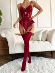 Lilosy Sexy Stocking Lace Mesh Bodysuit Top Underwire Garter Lingerie Set One 3 Piece Bows Push Up Floral Sheer Babydoll Women Teddy See Through Burgundy Red Medium