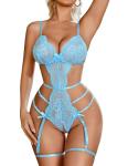 Avidlove Women Lingerie Bodysuit One Piece Teddy Sleepwear V Neck Lace Babydoll Lingerie Set Light Blue