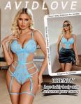 Avidlove Women Lingerie Bodysuit One Piece Teddy Sleepwear V Neck Lace Babydoll Lingerie Set Light Blue