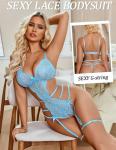 Avidlove Women Lingerie Bodysuit One Piece Teddy Sleepwear V Neck Lace Babydoll Lingerie Set Light Blue