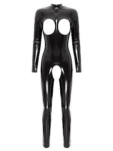 easyforever Women Sexy Hollow Out Bodysuit Lingerie Clubwear Patent Leather Invisible Zipper Latex Catsuit Black Long Sleeve Medium