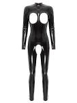 easyforever Women Sexy Hollow Out Bodysuit Lingerie Clubwear Patent Leather Invisible Zipper Latex Catsuit Black Long Sleeve Medium
