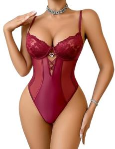 Avidlove Sexy Lingerie for Women Deep V Lace Teddy Lingerie Snap Crotch Bodysuit Cut Out One Piece Babydoll （ Deep Red, M