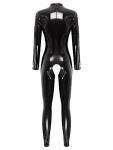 easyforever Women Sexy Hollow Out Bodysuit Lingerie Clubwear Patent Leather Invisible Zipper Latex Catsuit Black Long Sleeve Medium