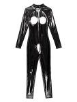 easyforever Women Sexy Hollow Out Bodysuit Lingerie Clubwear Patent Leather Invisible Zipper Latex Catsuit Black Long Sleeve Medium