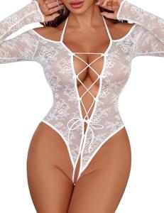 Avidlove Sexy Lingerie for Women Lace Teddy Lingerie Bodysuit Cut Out One Piece Bodysuit Mini Babydoll White