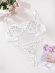 Lilosy Sexy Cute Underwire Push Up Strappy Heart Embroidered Mesh Sheer Lingerie Set for Women Bachelorette See Through Bra and Panty 2 Piece Bow White Small