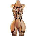 nine-tailed fox Womens Fishnet Bodystocking One Piece Mesh Bodysuit Sexy Tights Full Body See Through Jumpsuit (Black2, One Size)