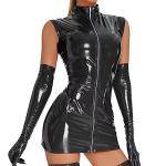 Women Sexy Tank Leather Dress, Gloves Not Included, Wetlook, Plus Size, Shiny Latex Hip Skirt, Black