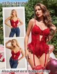 Avidlove Women's Lingerie Sexy Red Bodysuit Mesh Garter Belt Set Lace Teddy Lingerie Sets for Women Sexy(Burgundy,L)