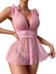 ADOME Pink Lingerie for Women Sexy Lace Babydoll Chemise Polka Dots Sheer Nightgown Pink Large
