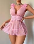 ADOME Pink Lingerie for Women Sexy Lace Babydoll Chemise Polka Dots Sheer Nightgown Pink Large