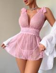 ADOME Pink Lingerie for Women Sexy Lace Babydoll Chemise Polka Dots Sheer Nightgown Pink Large
