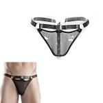 Thong Men - Black Faux Leather G String with Chain Accents for Erotic Clubwear & Fetish Costume – See Through Mesh, Bondage Style, Real Men Thong for Adult Games Flirt