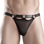 Thong Men - Black Faux Leather G String with Chain Accents for Erotic Clubwear & Fetish Costume – See Through Mesh, Bondage Style, Real Men Thong for Adult Games Flirt
