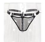 Thong Men - Black Faux Leather G String with Chain Accents for Erotic Clubwear & Fetish Costume – See Through Mesh, Bondage Style, Real Men Thong for Adult Games Flirt