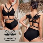 ROIEIIR 2 PCS Women's Body Chest Harness Belt with Angel Wings Sexy Adjustable Leather Body Caged Gothic Waist Harness Belts BDSM Black PU Bondage Leg Garter Roleplay Cosplay Halloween Party Clubwear