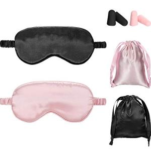 Silk Satin Sleeping Mask Eye Mask Set Include 2 Blindfold Eyeshade Elastic Strap Double Layer Silk Filling Eye Cover 2 Ear Plugs 2 Storage Bags for Women and Men Sleep Travel Nap (Black, Pink)