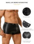 ohyeahlady Mens Punk Boxer Shorts PU Faux Leather Pouch Trunks Underwear Rivet Trim Sexy Lingerie for Men Rave Shorts L Black