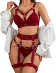 Alrovetoney Lingerie Set for Women O-Ring Linked Cut Out Choker Bra and Panty Set Bondage Lingerie 5 Pieces Burgundy Large