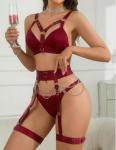 Alrovetoney Lingerie Set for Women O-Ring Linked Cut Out Choker Bra and Panty Set Bondage Lingerie 5 Pieces Burgundy Large