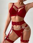 Alrovetoney Lingerie Set for Women O-Ring Linked Cut Out Choker Bra and Panty Set Bondage Lingerie 5 Pieces Burgundy Large