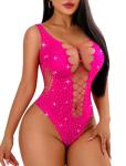 Avidlove Fishnet Top Body Suits Women Sexy Fishnets Teddy Lingerie Outfit Sparkle Rhinestone Bodysuit Mesh Lingerie Rose Red