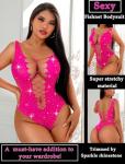 Avidlove Fishnet Top Body Suits Women Sexy Fishnets Teddy Lingerie Outfit Sparkle Rhinestone Bodysuit Mesh Lingerie Rose Red