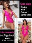 Avidlove Fishnet Top Body Suits Women Sexy Fishnets Teddy Lingerie Outfit Sparkle Rhinestone Bodysuit Mesh Lingerie Rose Red