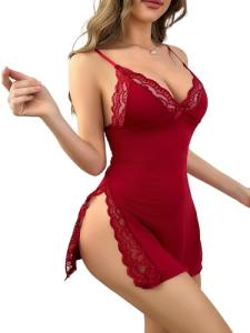 CRIPOM Womens Lingerie Sexy Babydoll Dress for Women Slip Dress for Womens Lace Nightgowns Red Lingerie for Women Wine Red M