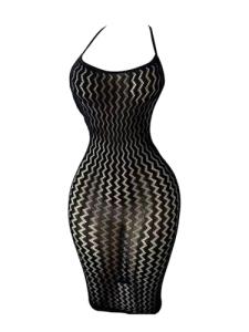 OYOANGLE Women's Fishnet Halter Bodycon Lingerie Dress Sexy Hollow Out See Through Sleeveless Chemise Black One Size